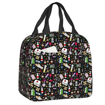 Stetoscop cu model de inimă, pungi izolate pentru prânz, asistentă de desene animate, care alăptează, refrigerator portabil, cutie termică bento pentru copii, școlari