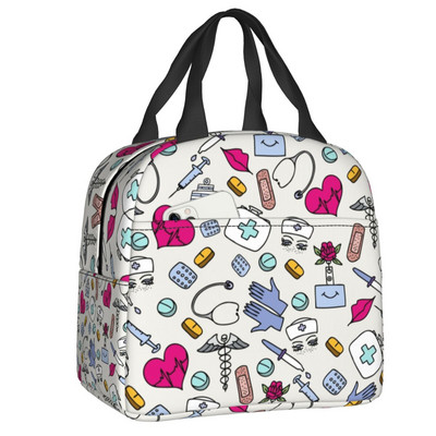 Stetoscop cu model de inimă, pungi izolate pentru prânz, asistentă de desene animate, care alăptează, refrigerator portabil, cutie termică bento pentru copii, școlari
