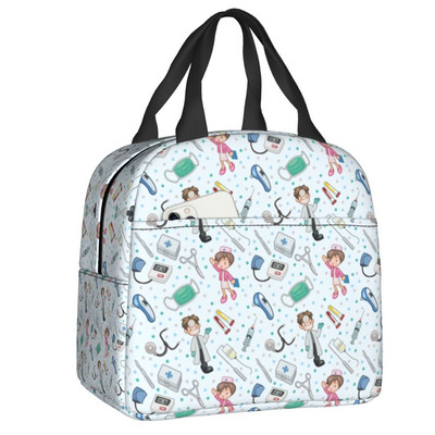 Stetoscop cu model de inimă, pungi izolate pentru prânz, asistentă de desene animate, care alăptează, refrigerator portabil, cutie termică bento pentru copii, școlari