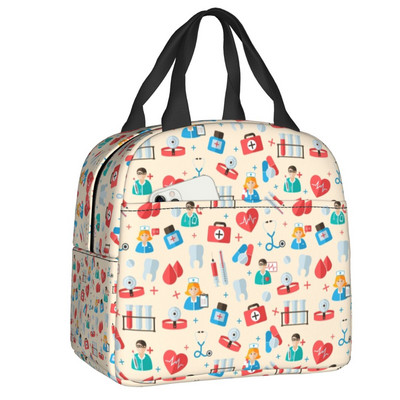 Stetoscop cu model de inimă, pungi izolate pentru prânz, asistentă de desene animate, care alăptează, refrigerator portabil, cutie termică bento pentru copii, școlari
