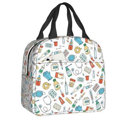 Stetoscop cu model de inimă, pungi izolate pentru prânz, asistentă de desene animate, care alăptează, refrigerator portabil, cutie termică bento pentru copii, școlari