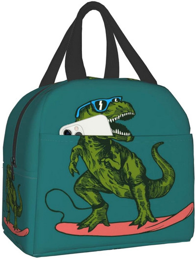 Τσάντα μεσημεριανού γεύματος Hipster Surfing Dinosaur για άντρες Αγόρια Επαναχρησιμοποιήσιμο κουτί μεσημεριανού γεύματος Αδιάβροχο θερμικό τσαντάκι για μεσημεριανό δοχείο Cute cooler bag