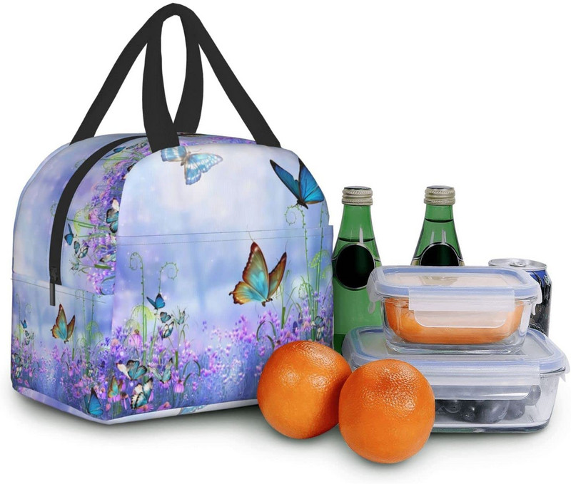 Värviline Butterfly Purpur lilleline isoleeritud lõunakott Armsad lõunakotid naistele korduvkasutatavad veekindlad lekkekindlad Kawaii lõunasöögikarbid