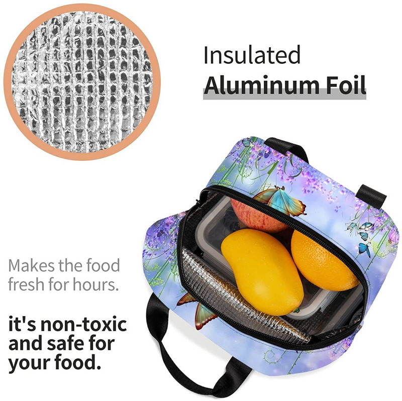 Värviline Butterfly Purpur lilleline isoleeritud lõunakott Armsad lõunakotid naistele korduvkasutatavad veekindlad lekkekindlad Kawaii lõunasöögikarbid