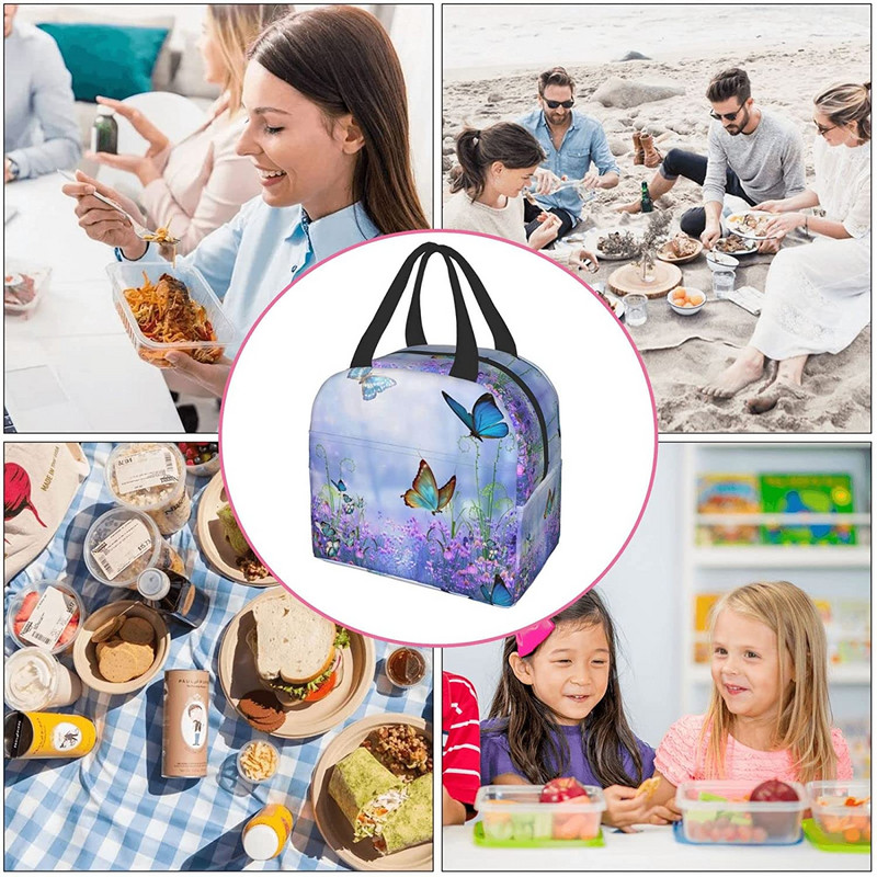 Värviline Butterfly Purpur lilleline isoleeritud lõunakott Armsad lõunakotid naistele korduvkasutatavad veekindlad lekkekindlad Kawaii lõunasöögikarbid