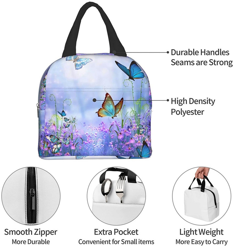 Värviline Butterfly Purpur lilleline isoleeritud lõunakott Armsad lõunakotid naistele korduvkasutatavad veekindlad lekkekindlad Kawaii lõunasöögikarbid