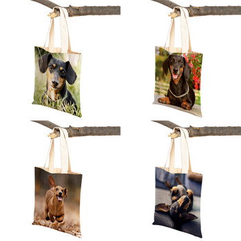 Mini Dachshund Dog Dog Canvas Lady Tote τσάντα επαναχρησιμοποιήσιμη διπλή όψη Χαριτωμένο κατοικίδιο ζώο με μοτίβο εκτύπωσης Casual τσάντα αγορών