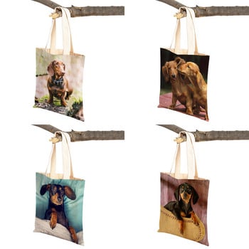 Mini Dachshund Dog Dog Canvas Lady Tote τσάντα επαναχρησιμοποιήσιμη διπλή όψη Χαριτωμένο κατοικίδιο ζώο με μοτίβο εκτύπωσης Casual τσάντα αγορών