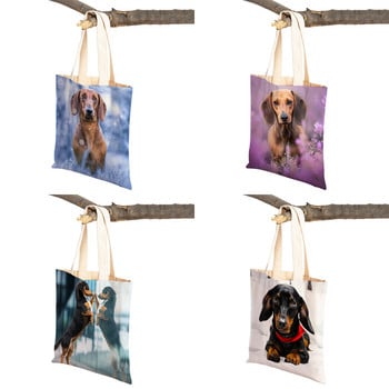 Mini Dachshund Dog Dog Canvas Lady Tote τσάντα επαναχρησιμοποιήσιμη διπλή όψη Χαριτωμένο κατοικίδιο ζώο με μοτίβο εκτύπωσης Casual τσάντα αγορών