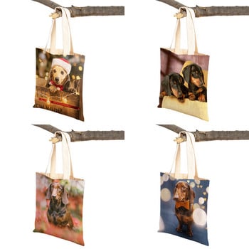 Mini Dachshund Dog Dog Canvas Lady Tote τσάντα επαναχρησιμοποιήσιμη διπλή όψη Χαριτωμένο κατοικίδιο ζώο με μοτίβο εκτύπωσης Casual τσάντα αγορών