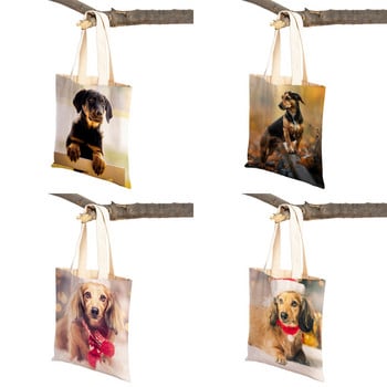 Mini Dachshund Dog Dog Canvas Lady Tote τσάντα επαναχρησιμοποιήσιμη διπλή όψη Χαριτωμένο κατοικίδιο ζώο με μοτίβο εκτύπωσης Casual τσάντα αγορών