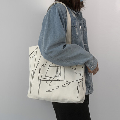 Összehajtható egyszerű válltáska Újrafelhasználható vászon Eco bevásárlótáskák Nagy kapacitású hordtáska nőknek Line Design divatos kézitáska