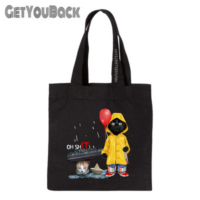 Black Cat Oh Shit Cat Pennywise It Черна пазарска чанта Дамска еко платнена чанта за рамо с голям капацитет, Drop Ship