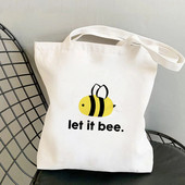 Dámska nákupná kabelka Let it Bee s karikatúrami z roku 2021, Harajuku, dievčenská nákupná taška cez rameno, plátená taška