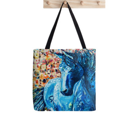 Női vásárló táska futó lovak kék szürke mintás táska Harajuku bevásárlóvászon vásárlótáska lány kézitáska Vállas női táska
