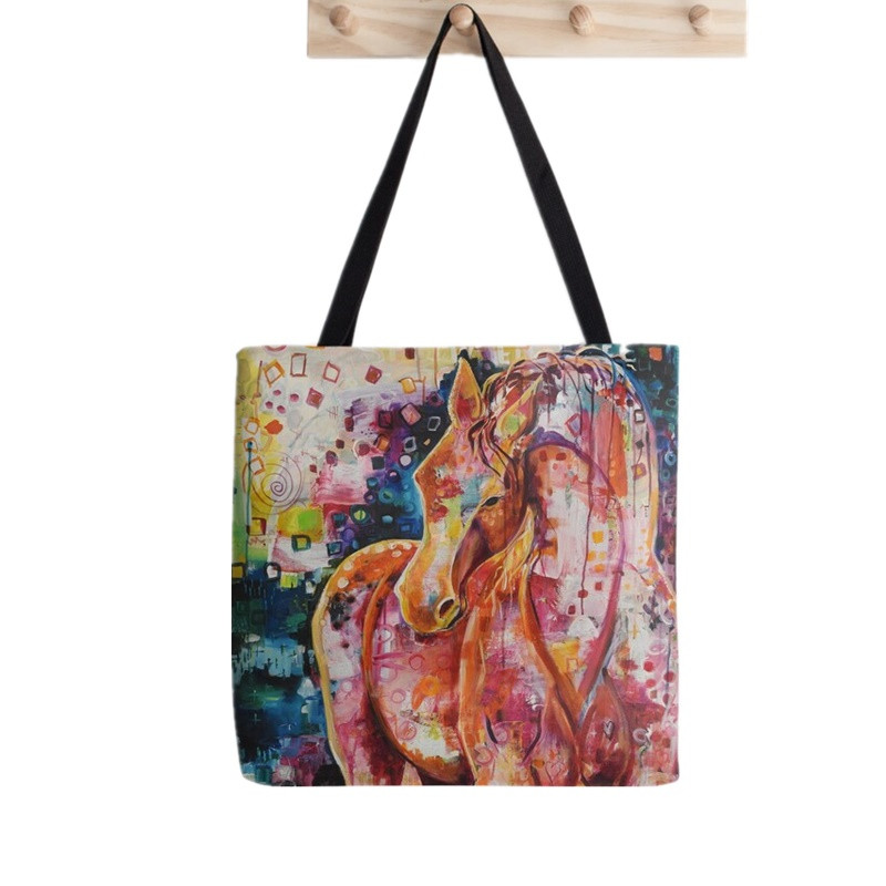 Női vásárló táska futó lovak kék szürke mintás táska Harajuku bevásárlóvászon vásárlótáska lány kézitáska Vállas női táska