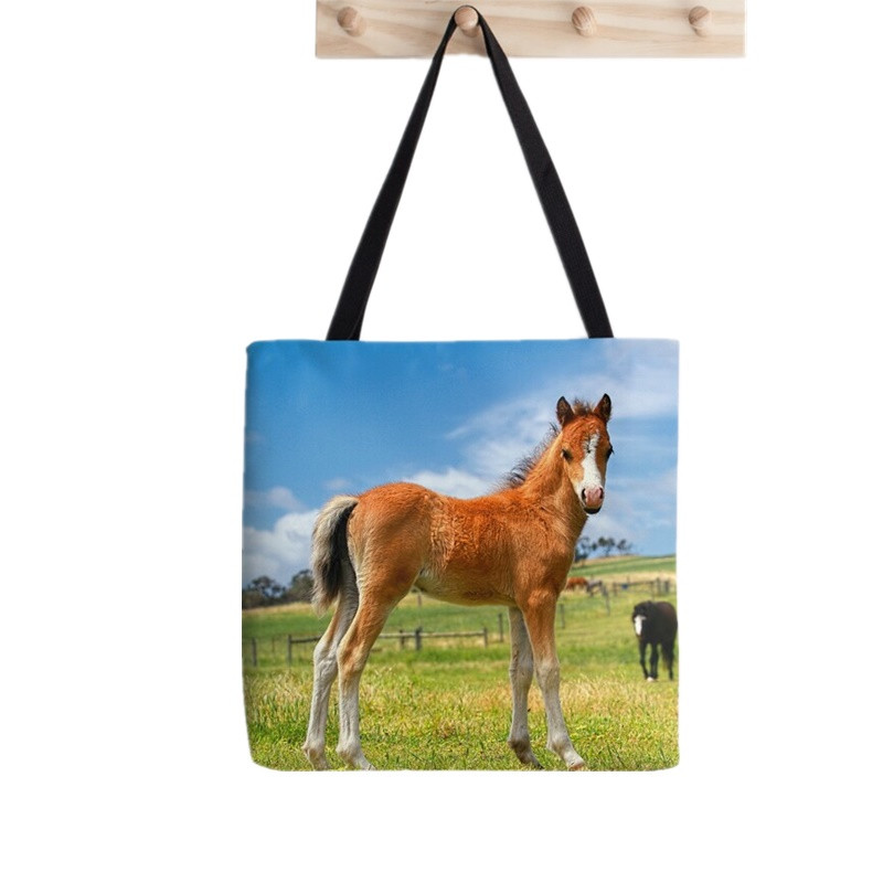 Női vásárló táska futó lovak kék szürke mintás táska Harajuku bevásárlóvászon vásárlótáska lány kézitáska Vállas női táska