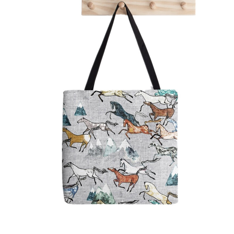 Női vásárló táska futó lovak kék szürke mintás táska Harajuku bevásárlóvászon vásárlótáska lány kézitáska Vállas női táska