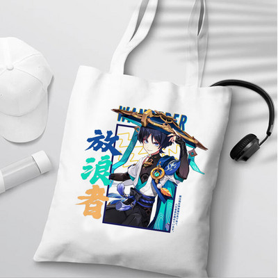 Genshin Impact Scaramouche Print bevásárlótáskák Rajzfilm hordtáska Vászon kézitáskák nőknek Eco Bag
