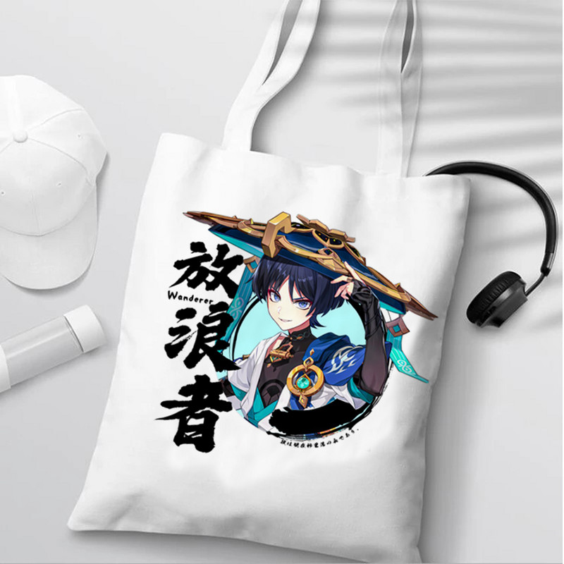 Genshin Impact Scaramouche Print bevásárlótáskák Rajzfilm hordtáska Vászon kézitáskák nőknek Eco Bag