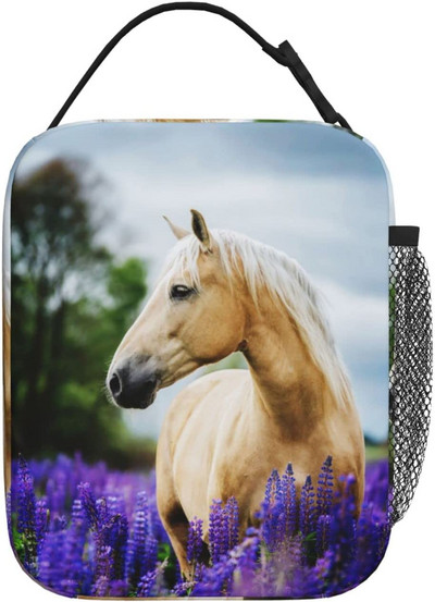 Kutija za ručak Izolacijska torba za ručak za višekratnu upotrebu Bijeli konj Ljubičasti cvijet Paketi leda Spremnici Torba za žene Muškarci Tinejdžeri Djevojke