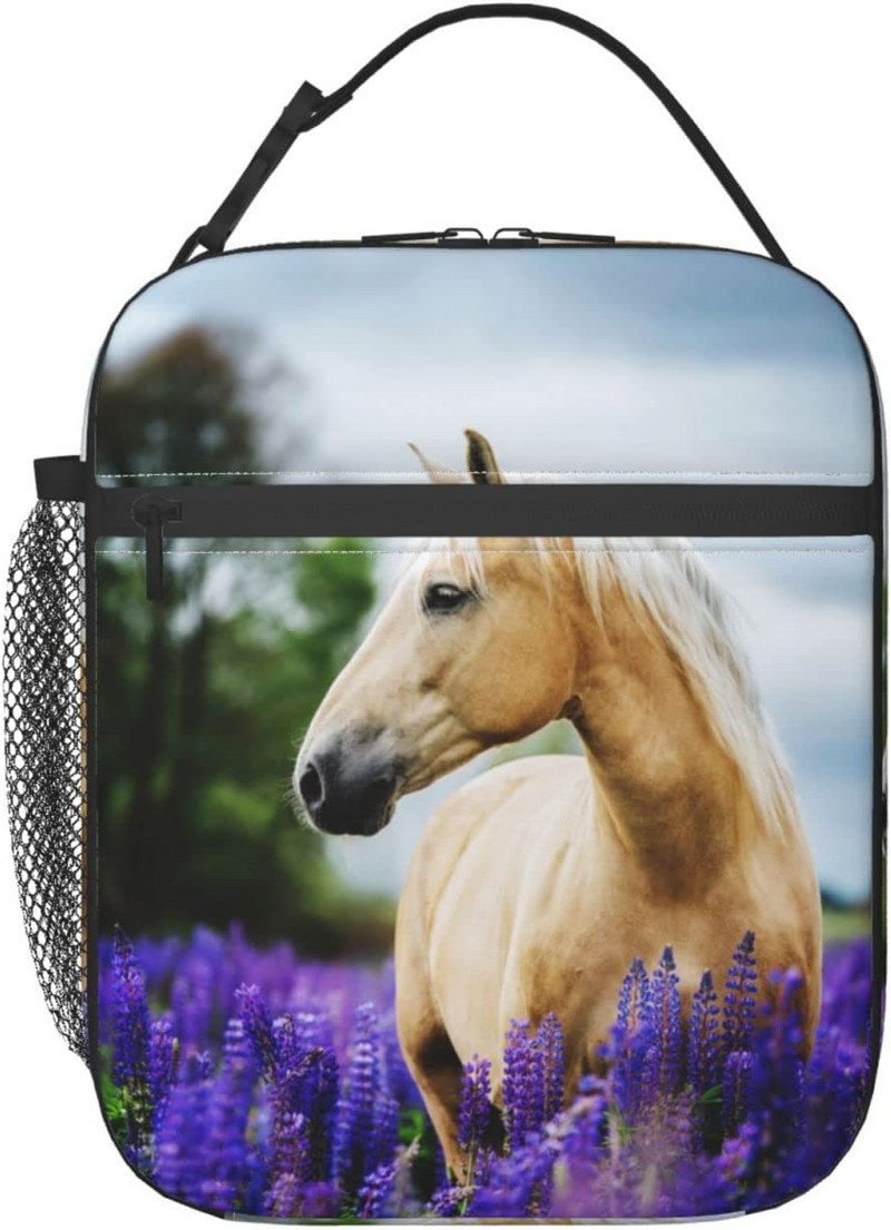 Kutija za ručak Izolacijska torba za ručak za višekratnu upotrebu Bijeli konj Ljubičasti cvijet Paketi leda Spremnici Torba za žene Muškarci Tinejdžeri Djevojke