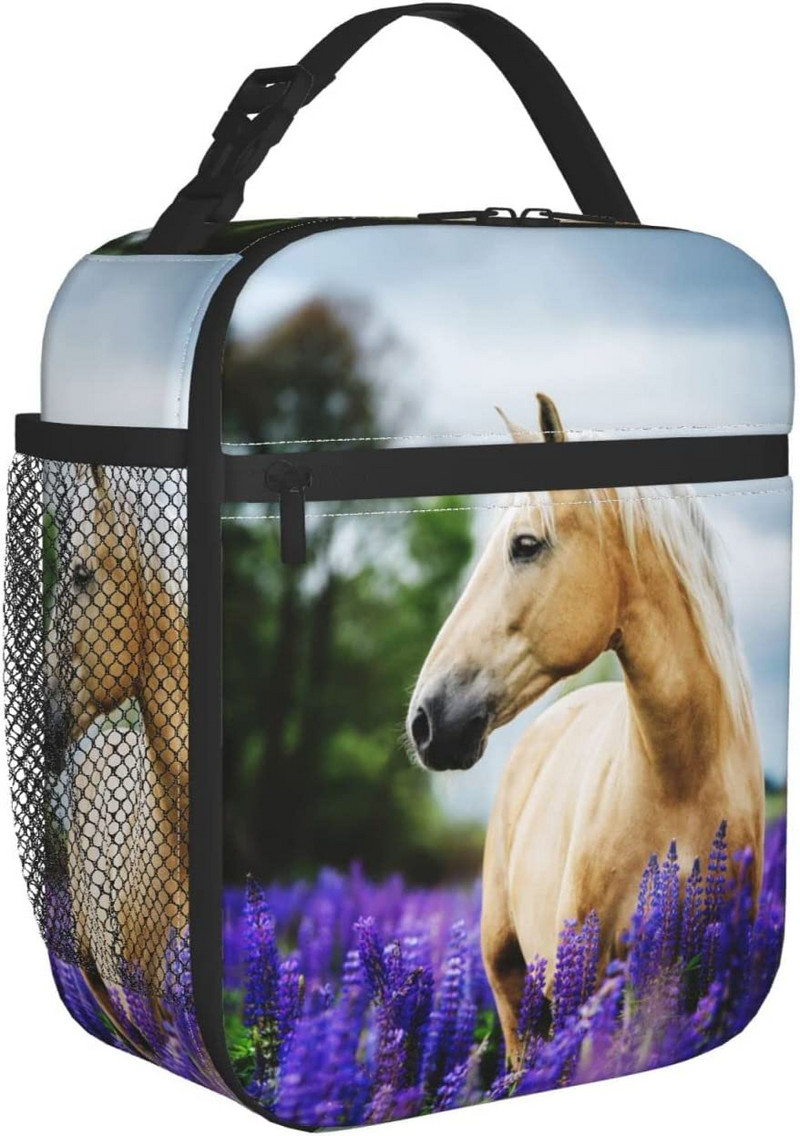 Kutija za ručak Izolacijska torba za ručak za višekratnu upotrebu Bijeli konj Ljubičasti cvijet Paketi leda Spremnici Torba za žene Muškarci Tinejdžeri Djevojke