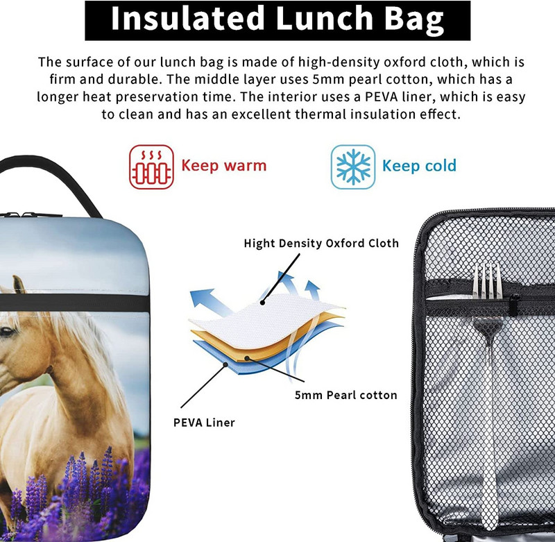 Kutija za ručak Izolacijska torba za ručak za višekratnu upotrebu Bijeli konj Ljubičasti cvijet Paketi leda Spremnici Torba za žene Muškarci Tinejdžeri Djevojke