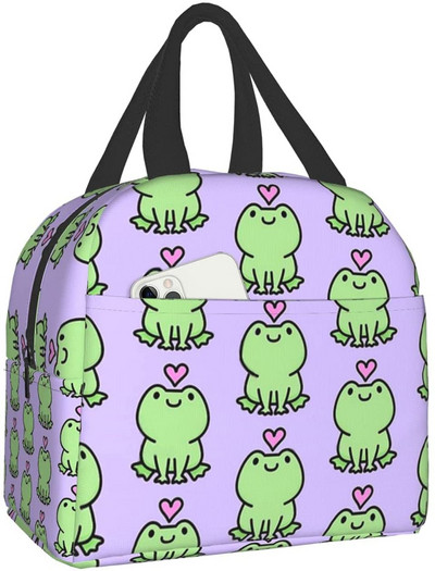 Cutie de prânz Kawaii Frog Love Geantă termică reutilizabilă pentru prânz Recipient pentru alimente Bento Tote Bag pentru femei, bărbați, adulți, picnic de călătorie de muncă