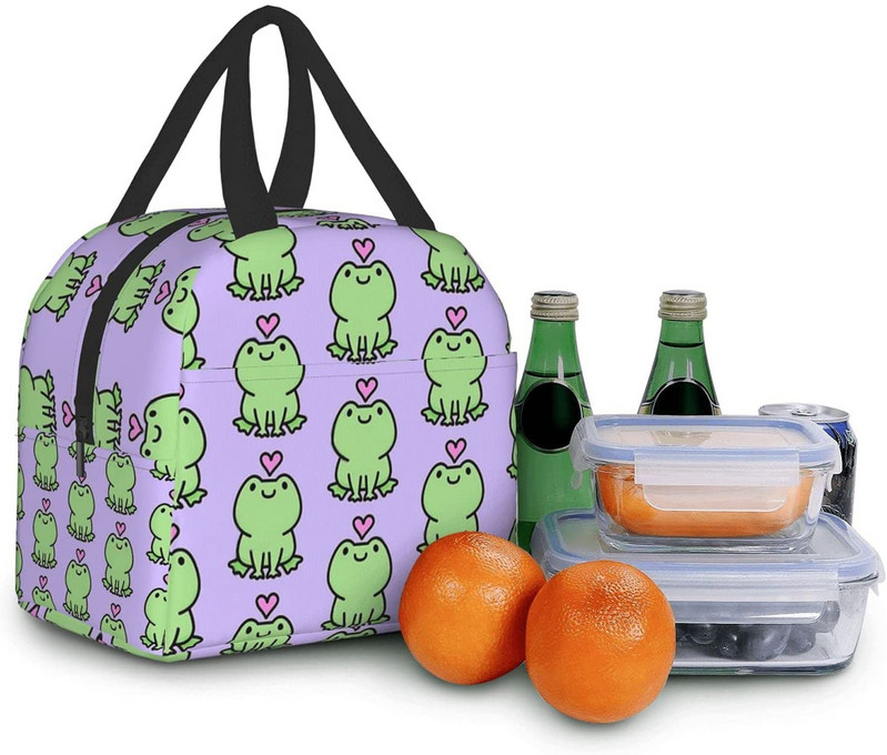 Cutie de prânz Kawaii Frog Love Geantă termică reutilizabilă pentru prânz Recipient pentru alimente Bento Tote Bag pentru femei, bărbați, adulți, picnic de călătorie de muncă