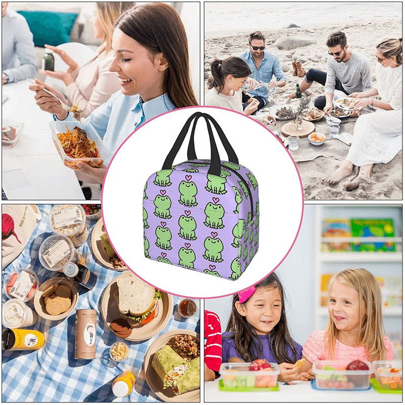 Cutie de prânz Kawaii Frog Love Geantă termică reutilizabilă pentru prânz Recipient pentru alimente Bento Tote Bag pentru femei, bărbați, adulți, picnic de călătorie de muncă