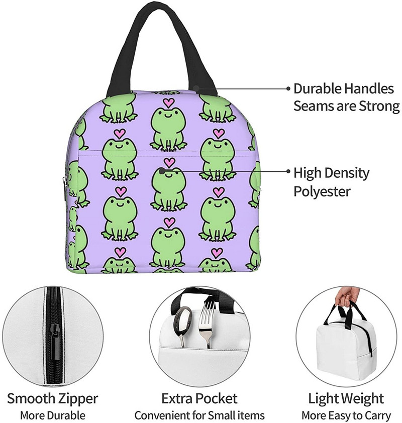 Cutie de prânz Kawaii Frog Love Geantă termică reutilizabilă pentru prânz Recipient pentru alimente Bento Tote Bag pentru femei, bărbați, adulți, picnic de călătorie de muncă