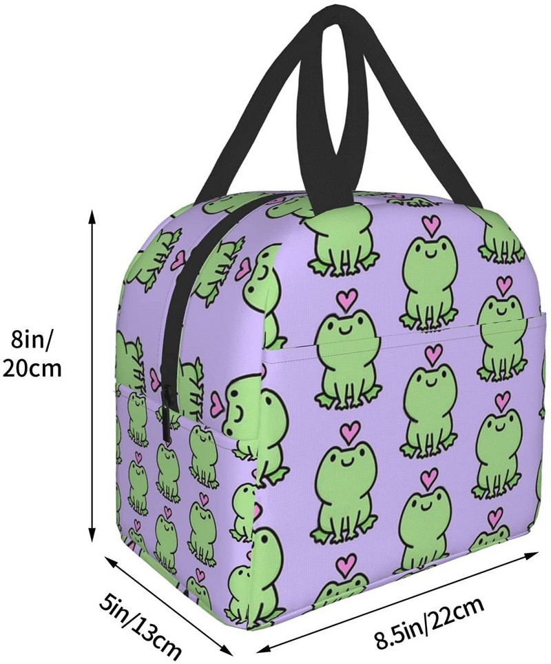 Cutie de prânz Kawaii Frog Love Geantă termică reutilizabilă pentru prânz Recipient pentru alimente Bento Tote Bag pentru femei, bărbați, adulți, picnic de călătorie de muncă