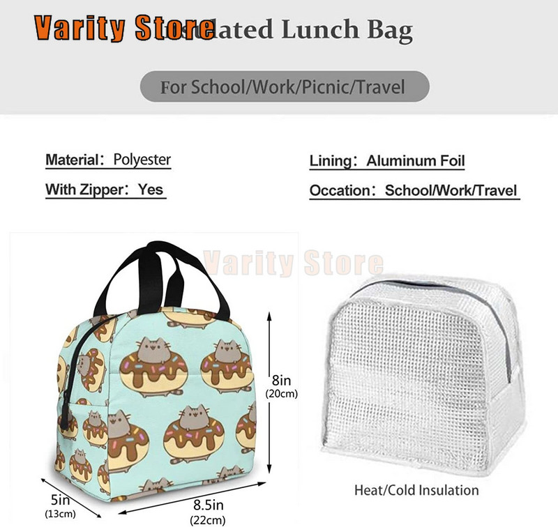 NA Cute Cat Donut pusdienu kastīte, izolēta ēdienreižu maisiņš Pusdienu maisiņš Atkārtoti lietojams uzkodu maisiņš Pārtikas konteiners zēniem Meitenes Vīriešiem Sievietēm