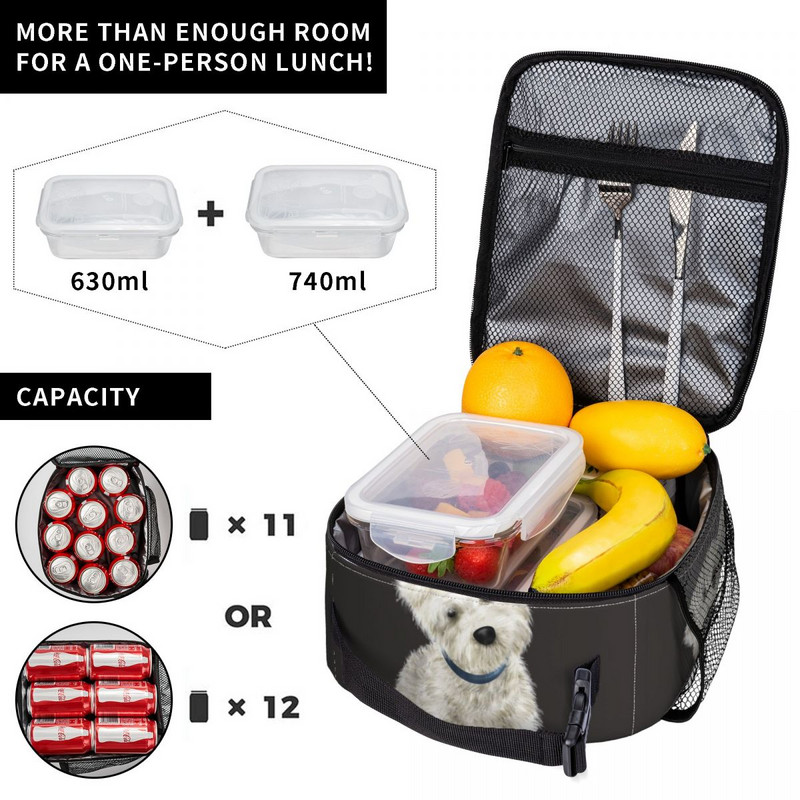 Vestijs Vesthailendas baltais terjers suņiem izolētas pusdienu somas sievietēm Resuable Cooler Thermal Bento Box Work School Travel