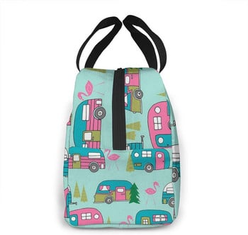 Happy Camper Flamingos Lunch Bag Επαναχρησιμοποιήσιμη μονωμένη Cooler Tote Box με μπροστινή τσέπη κλείσιμο με φερμουάρ για Woman Man Work