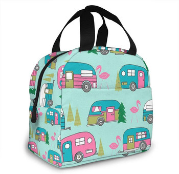 Happy Camper Flamingos Lunch Bag Επαναχρησιμοποιήσιμη μονωμένη Cooler Tote Box με μπροστινή τσέπη κλείσιμο με φερμουάρ για Woman Man Work