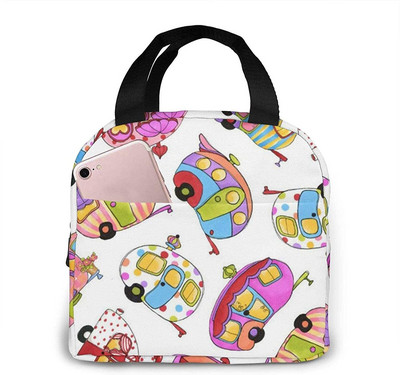 Happy Camper Flamingos ebédtáska, újrafelhasználható, szigetelt hűtőtáska elülső zsebbel, cipzárral, női munkához