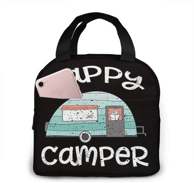 Happy Camper Flamingos ebédtáska, újrafelhasználható, szigetelt hűtőtáska elülső zsebbel, cipzárral, női munkához