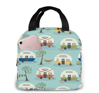 Happy Camper Flamingos ebédtáska, újrafelhasználható, szigetelt hűtőtáska elülső zsebbel, cipzárral, női munkához