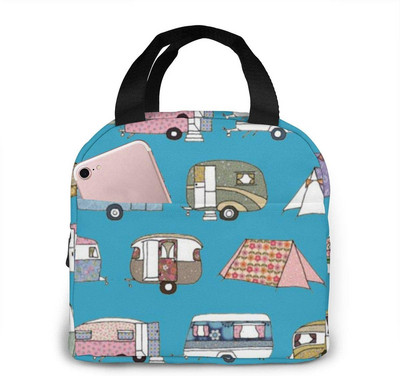 Happy Camper Flamingos ebédtáska, újrafelhasználható, szigetelt hűtőtáska elülső zsebbel, cipzárral, női munkához