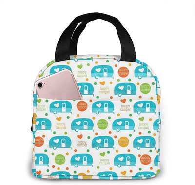 Happy Camper Flamingos ebédtáska, újrafelhasználható, szigetelt hűtőtáska elülső zsebbel, cipzárral, női munkához