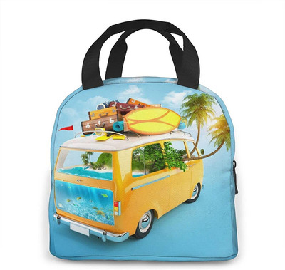 Happy Camper Flamingos ebédtáska, újrafelhasználható, szigetelt hűtőtáska elülső zsebbel, cipzárral, női munkához