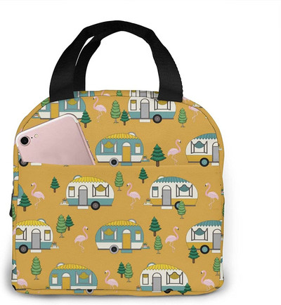 Happy Camper Flamingos ebédtáska, újrafelhasználható, szigetelt hűtőtáska elülső zsebbel, cipzárral, női munkához