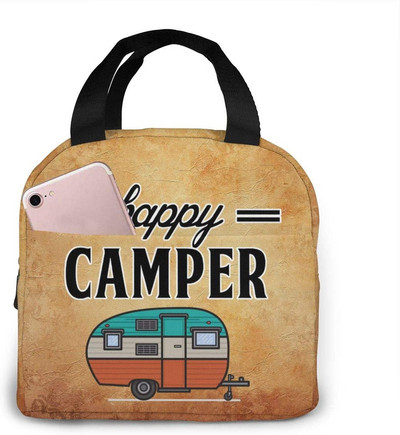 Happy Camper Flamingos ebédtáska, újrafelhasználható, szigetelt hűtőtáska elülső zsebbel, cipzárral, női munkához