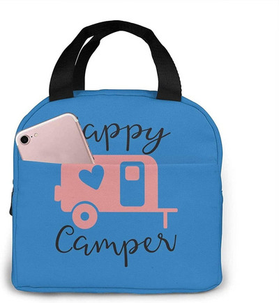 Happy Camper Flamingos ebédtáska, újrafelhasználható, szigetelt hűtőtáska elülső zsebbel, cipzárral, női munkához