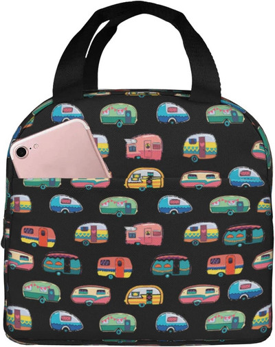 Happy Camper Flamingos ebédtáska, újrafelhasználható, szigetelt hűtőtáska elülső zsebbel, cipzárral, női munkához