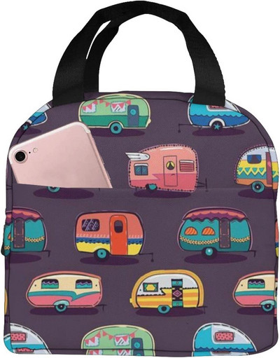 Happy Camper Flamingos ebédtáska, újrafelhasználható, szigetelt hűtőtáska elülső zsebbel, cipzárral, női munkához