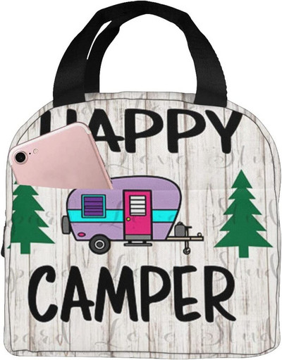 Happy Camper Flamingos ebédtáska, újrafelhasználható, szigetelt hűtőtáska elülső zsebbel, cipzárral, női munkához