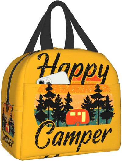 Happy Camper Flamingos ebédtáska, újrafelhasználható, szigetelt hűtőtáska elülső zsebbel, cipzárral, női munkához